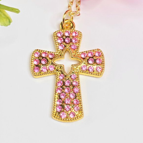 Pink Pave Crystal Cross Necklace - Picture 8 of 14